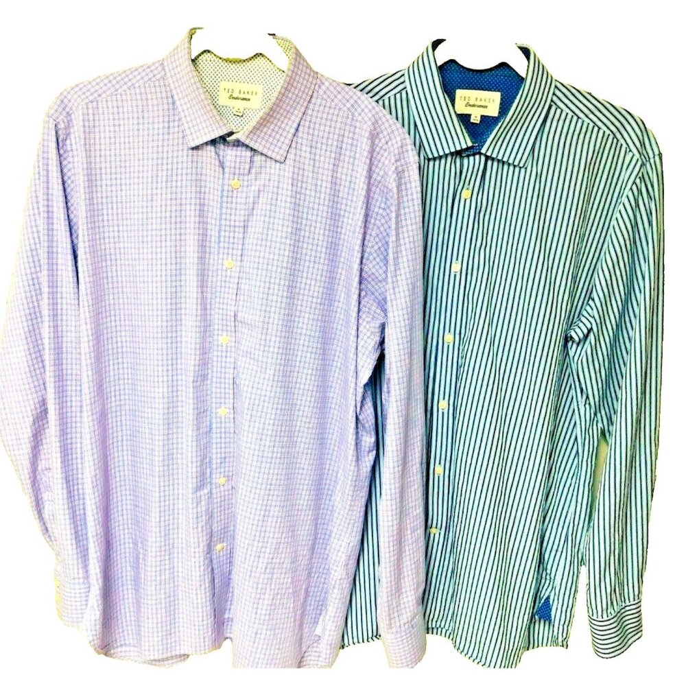 LOT of 2 TED BAKER Mens Endurance Dress Shirt Stripes Checks Preppy L 16